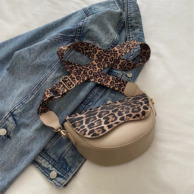 Wide Strap Leopard Print Crossbody Bags For Women, Fashion Designer Shoulder Bag For Daily Used, Versatile Ladies Handbags