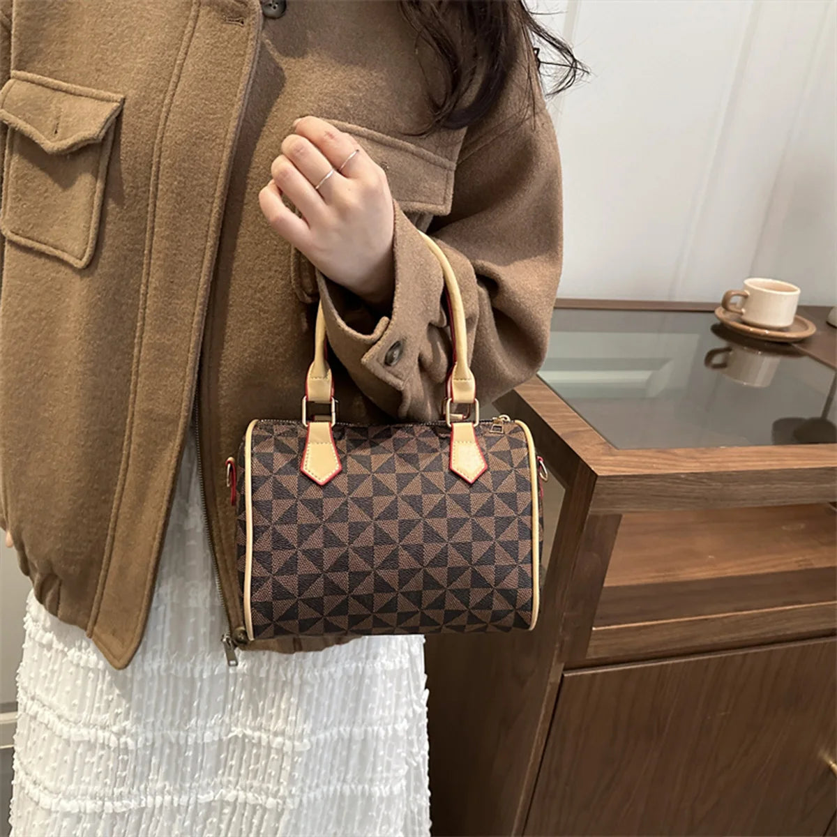 Fashion Business Crossbody Bag Windmill Print PU Color Block Trim Large Capacity Zipper Adjustable Strap Handbag for Daily Use