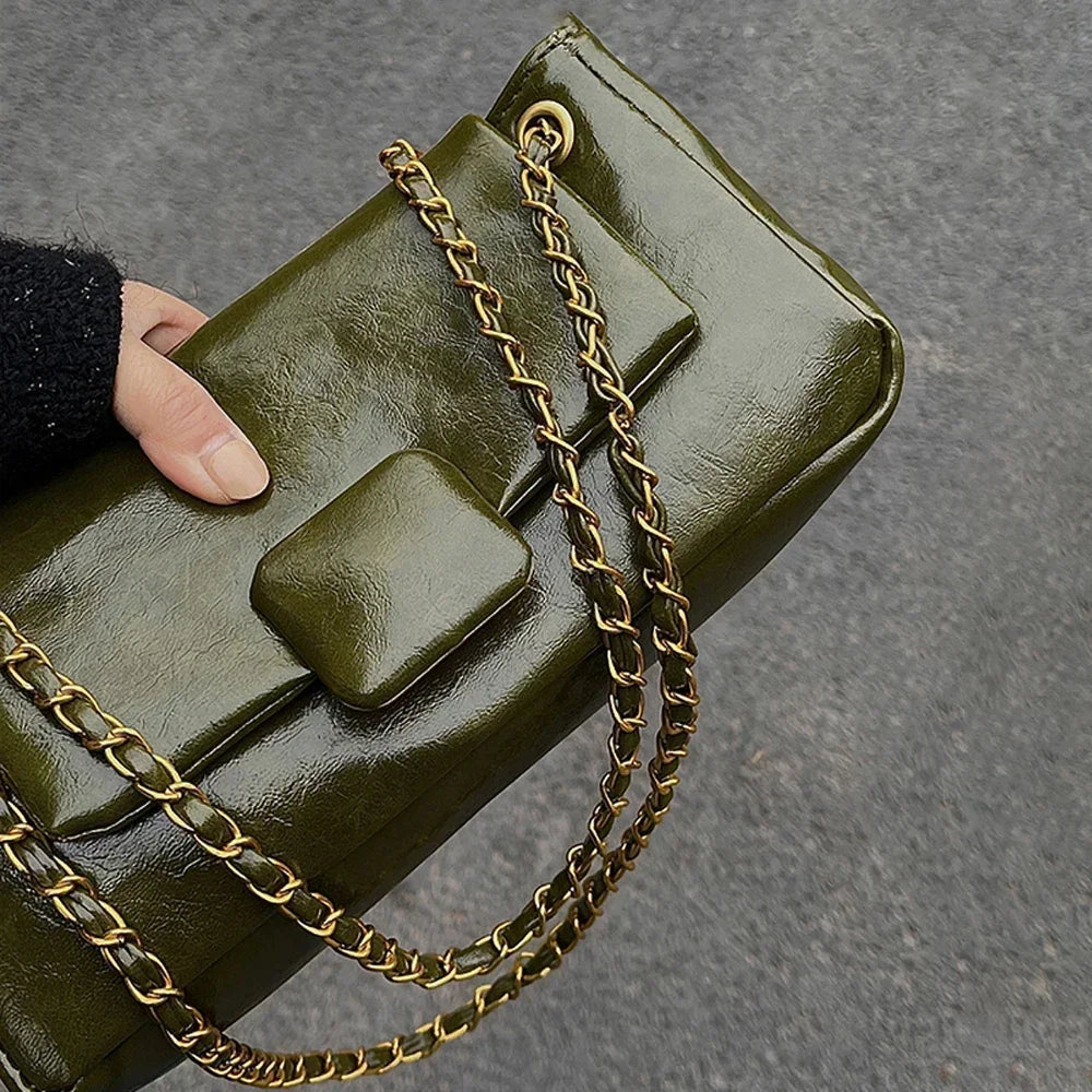 Retro Women's Underarm Shoulder Bags Autumn Winter Texture PU Leather Chains Messenger Bag Korean Elegant All-match Handbags