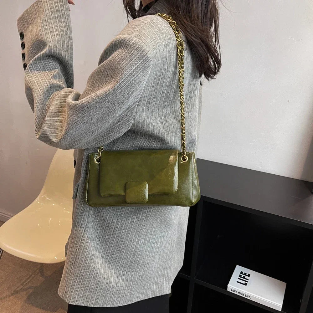 Retro Women's Underarm Shoulder Bags Autumn Winter Texture PU Leather Chains Messenger Bag Korean Elegant All-match Handbags