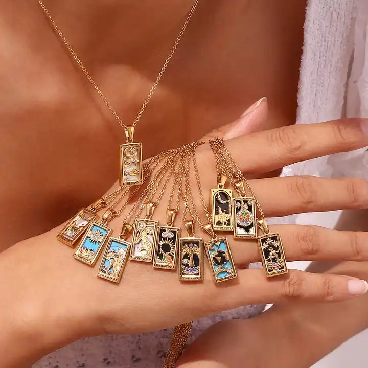 Temperance - Tarot card Dainty 18k Necklace with Black Enamel