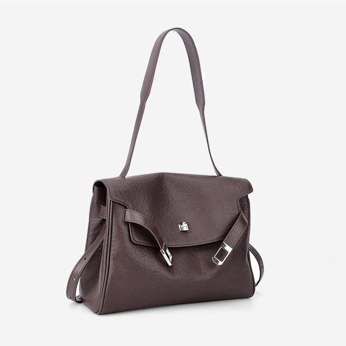 Vintage Lock-Accent Satchel Crossbody Genuine Leather Bag