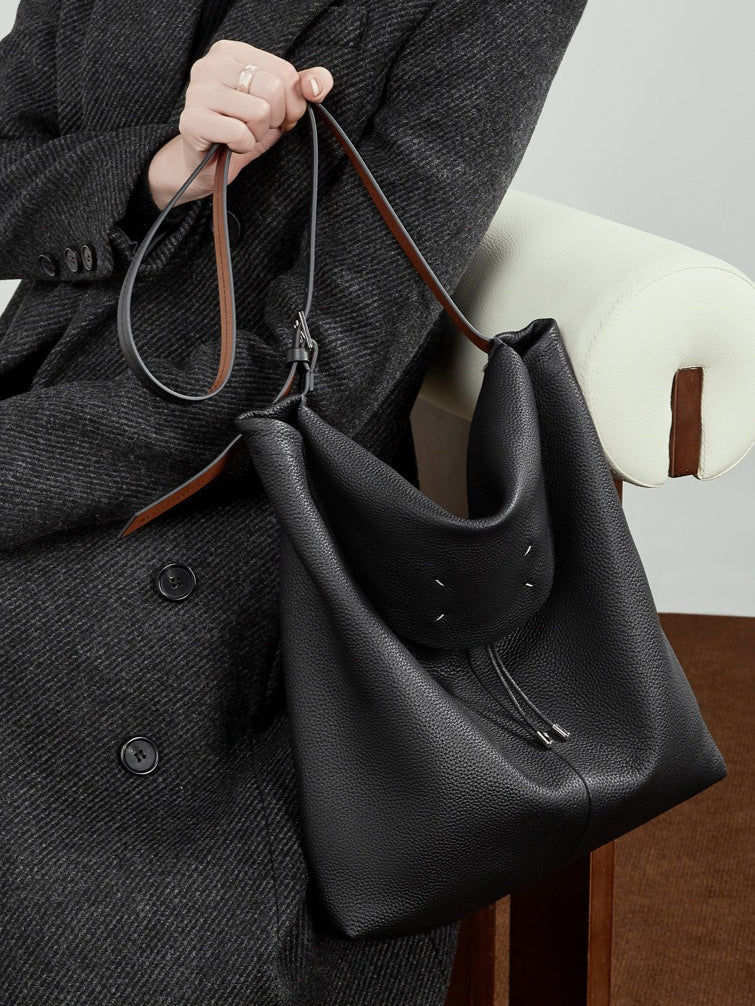 The Nocturne Flow Genuine Leather Tote Bag with Adjustable Strap & Detachable Pouch