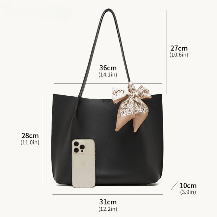 Parisian Chic Genuine Leather Bag - Minimalist Large Tote with Silk Scarf Accent