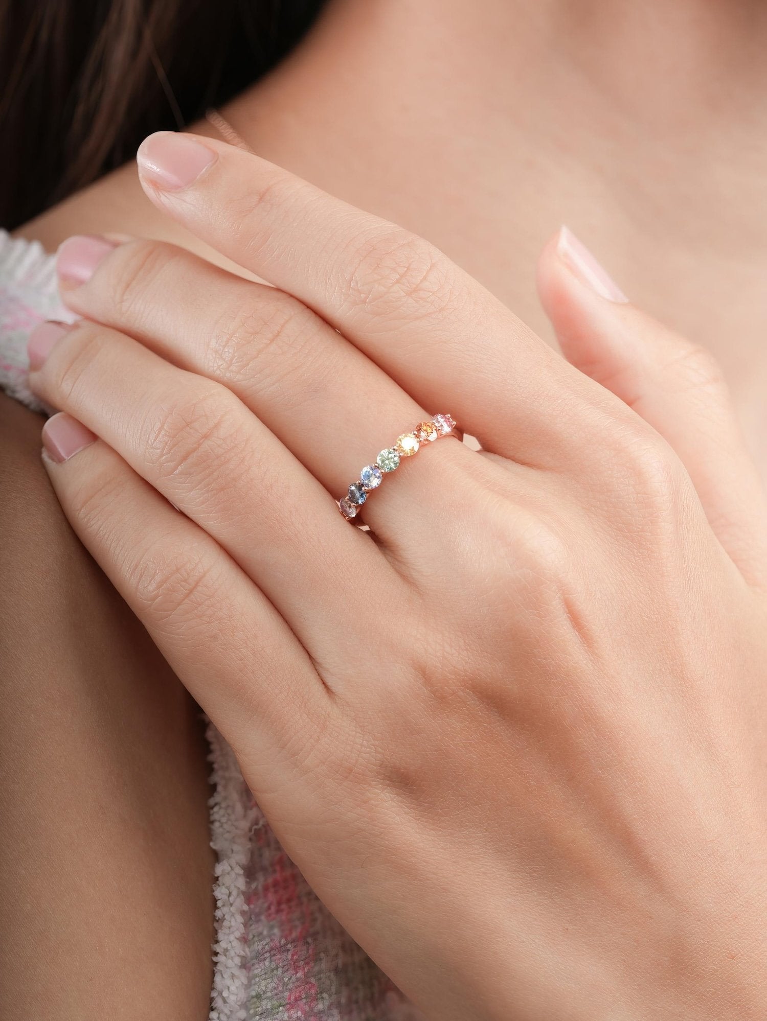 Rainbow Moissanite Eternity Band