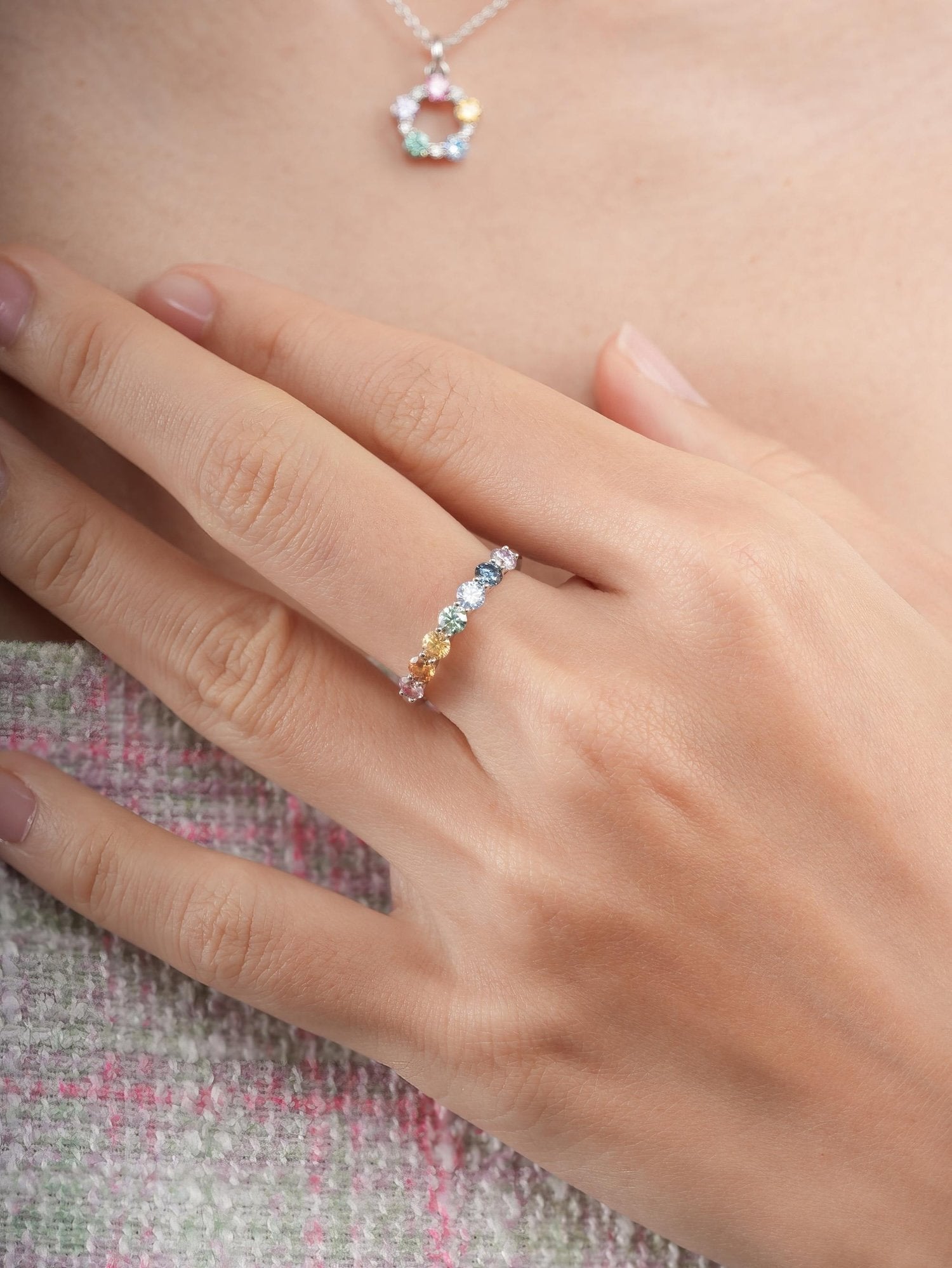 Rainbow Moissanite Eternity Band