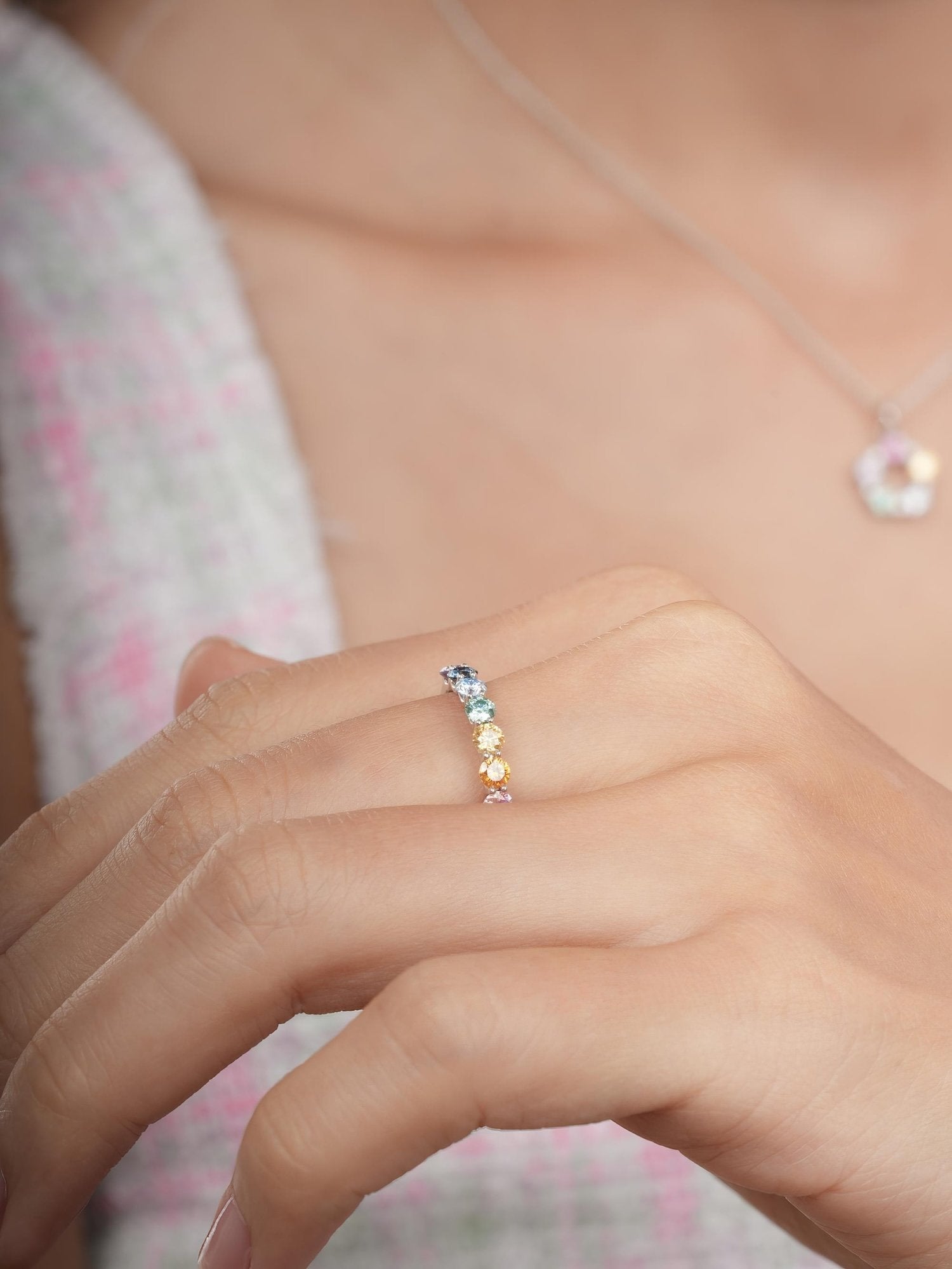 Rainbow Moissanite Eternity Band
