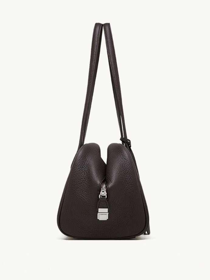 The Modern East-West Genuine Leather Bag | Minimalist Pebbled Bowling Tote