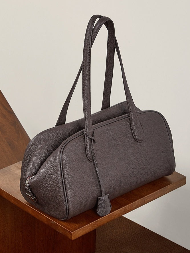 The Modern East-West Genuine Leather Bag | Minimalist Pebbled Bowling Tote