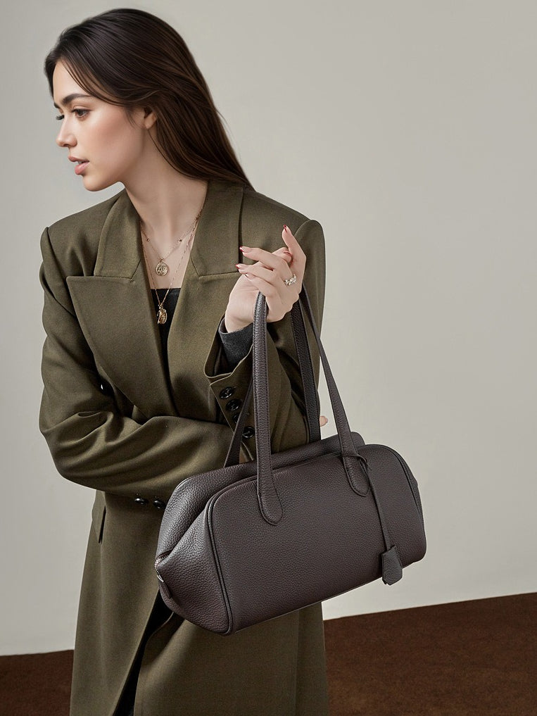 The Modern East-West Genuine Leather Bag | Minimalist Pebbled Bowling Tote