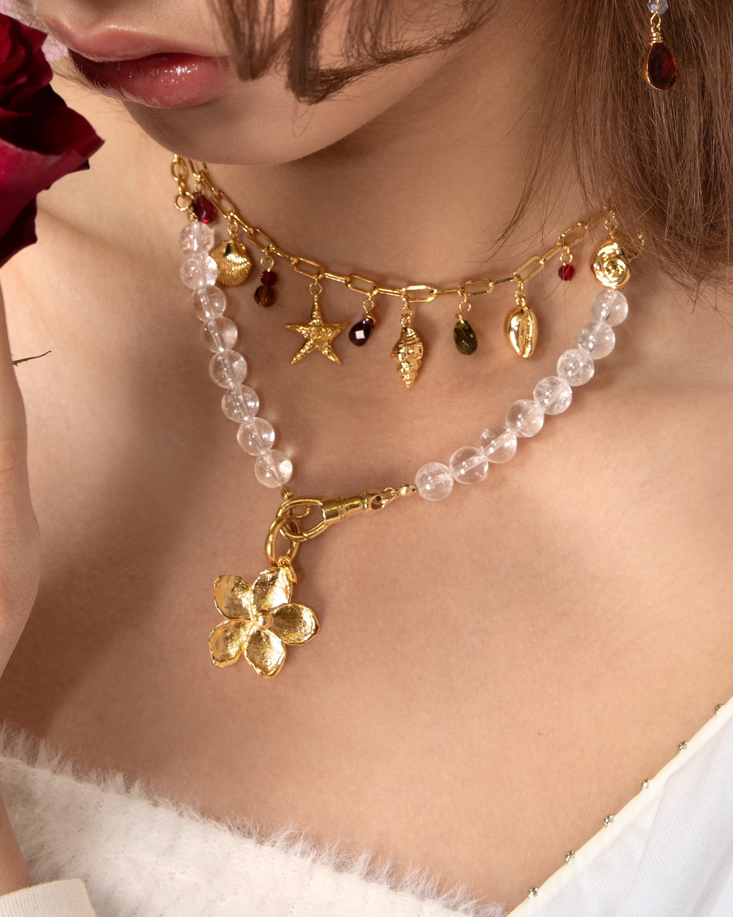 Clear Quartz Beaded Necklace with Charm Holder Clasp