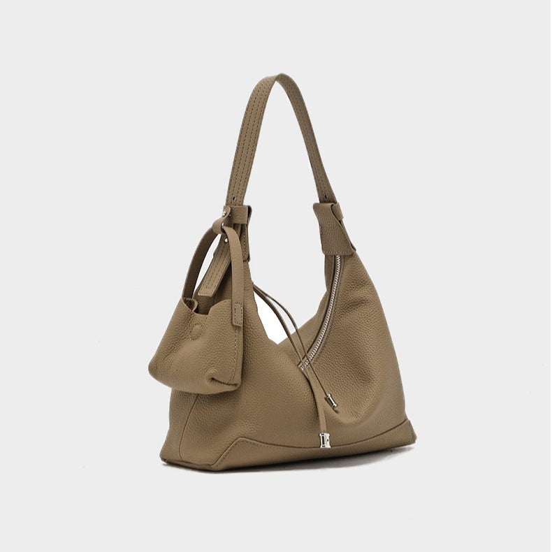 The Ethereal Slouchy Genuine Leather Bag - Minimalist Pebbled Hobo with Mini Pouch