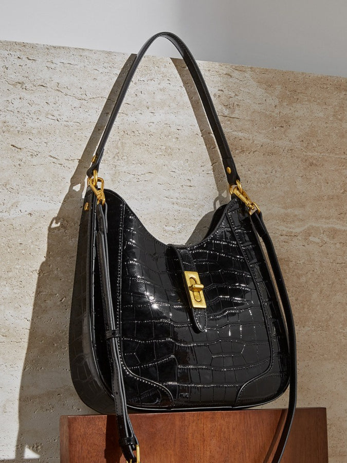 The Metropolitan Glam Croc-Embossed Leather Hobo Bag with Detachable Pouch
