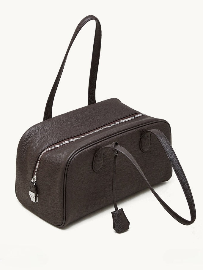 The Modern East-West Genuine Leather Bag | Minimalist Pebbled Bowling Tote