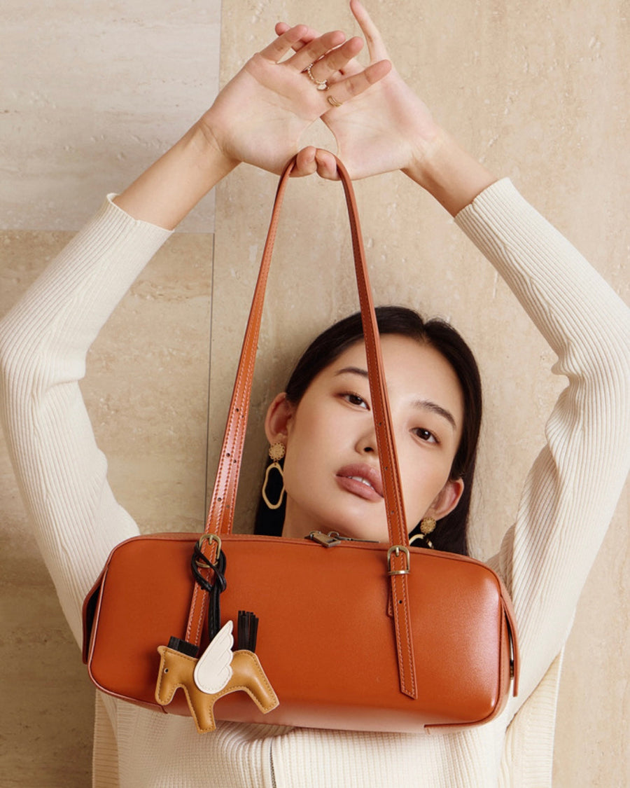 Women's Genuine Leather Retro Bowling Bag with Horse Charm