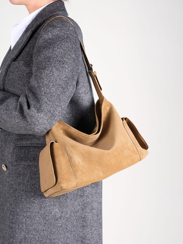 Urban Nomad Genuine Leather Bag | Large Slouchy Shoulder Bag with Side Pockets