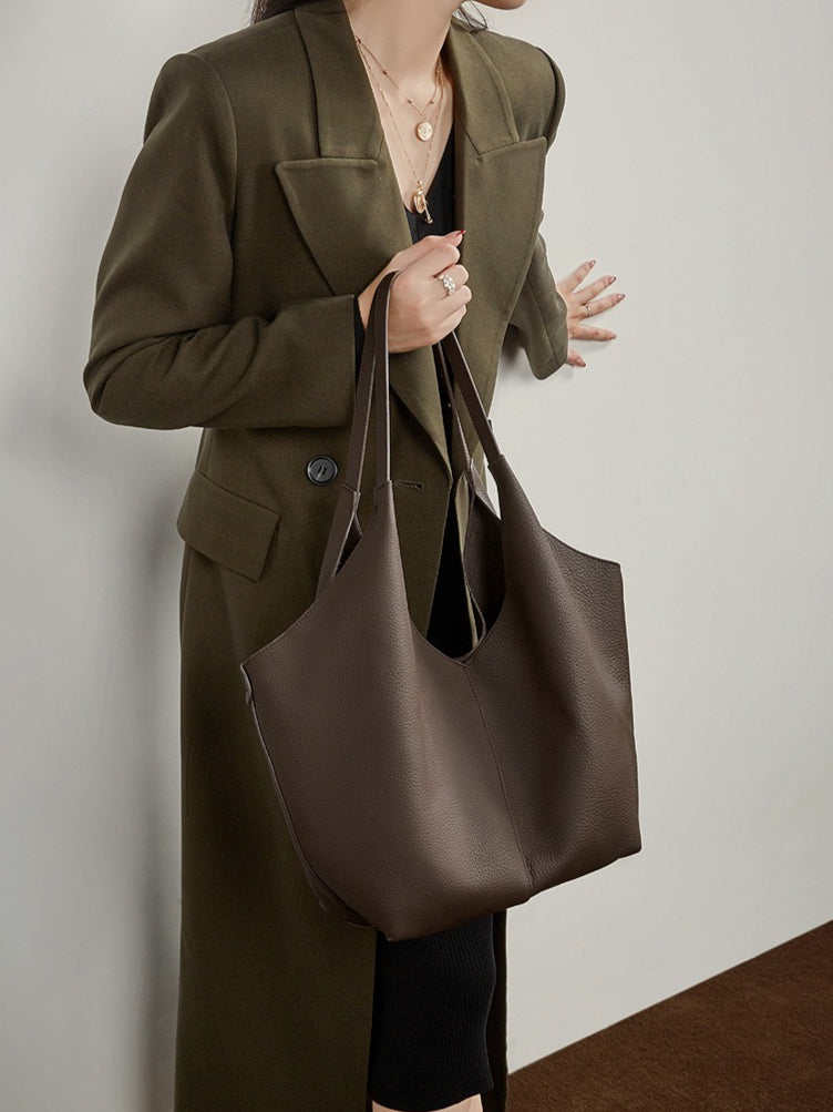 The Ethereal V-Cut Genuine Leather Bag | Minimalist Pebbled Hobo Tote