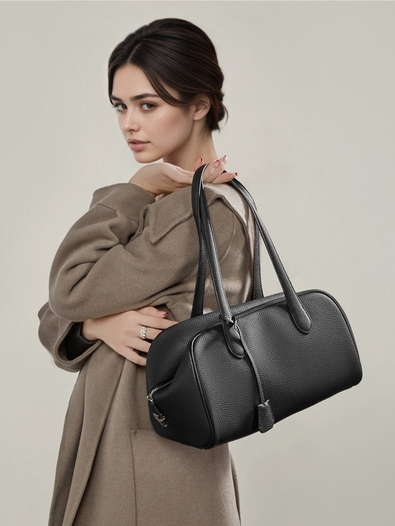 The Modern East-West Genuine Leather Bag | Minimalist Pebbled Bowling Tote