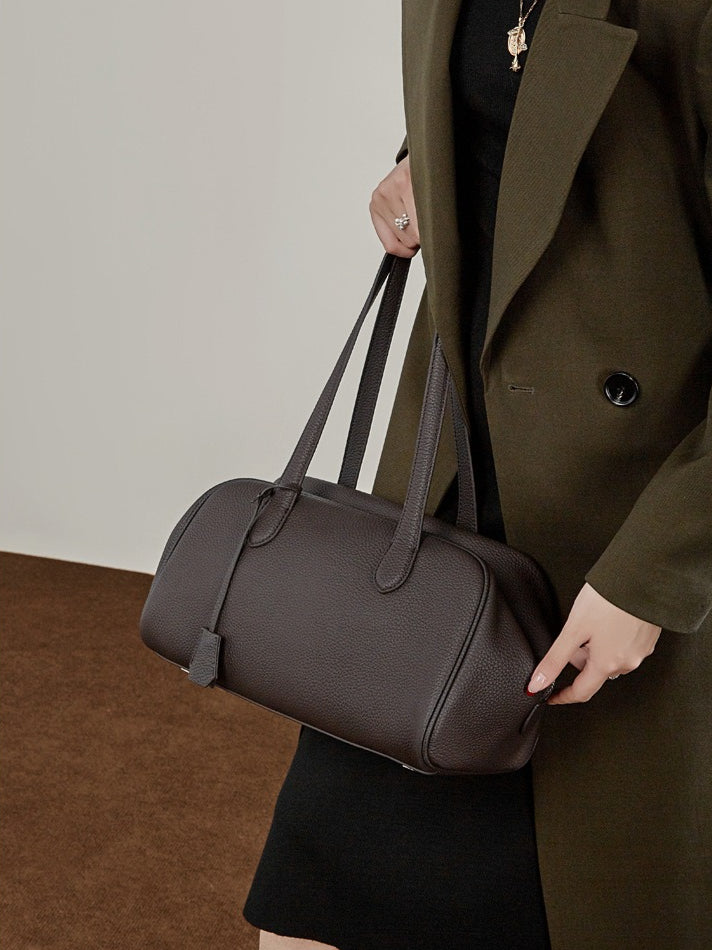 The Modern East-West Genuine Leather Bag | Minimalist Pebbled Bowling Tote
