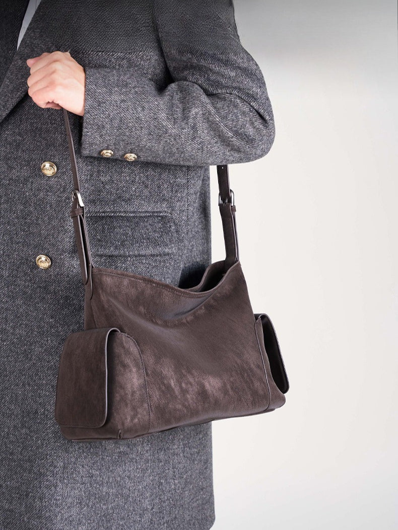 Urban Nomad Genuine Leather Bag | Large Slouchy Shoulder Bag with Side Pockets