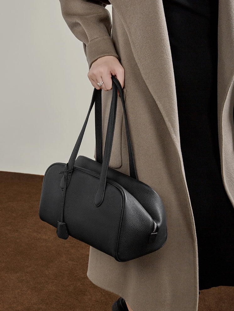 The Modern East-West Genuine Leather Bag | Minimalist Pebbled Bowling Tote