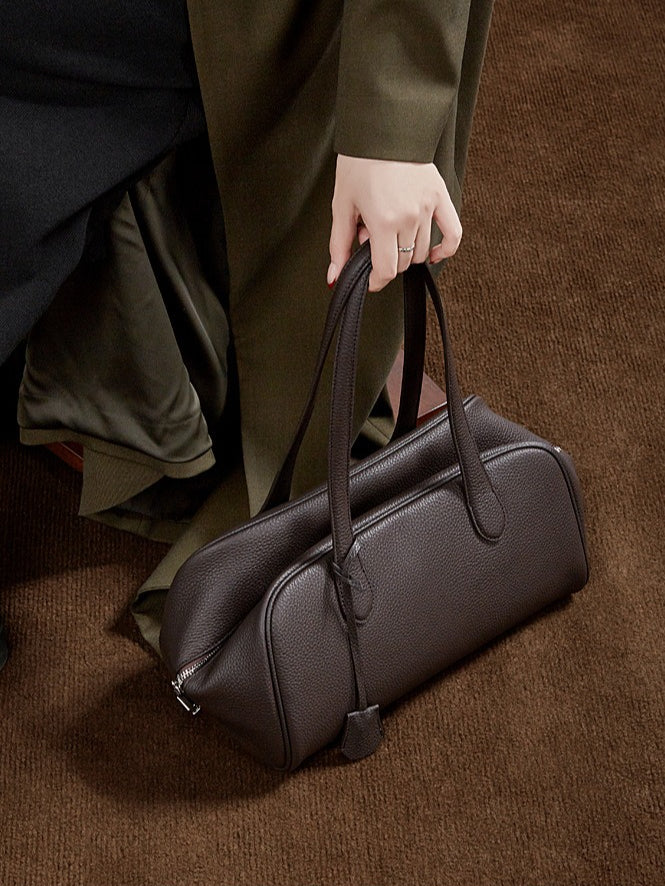 The Modern East-West Genuine Leather Bag | Minimalist Pebbled Bowling Tote