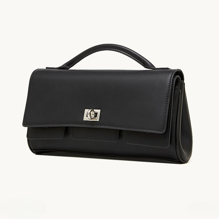 The Linear Turn-Lock Genuine Leather Bag | Minimalist East-West Handbag