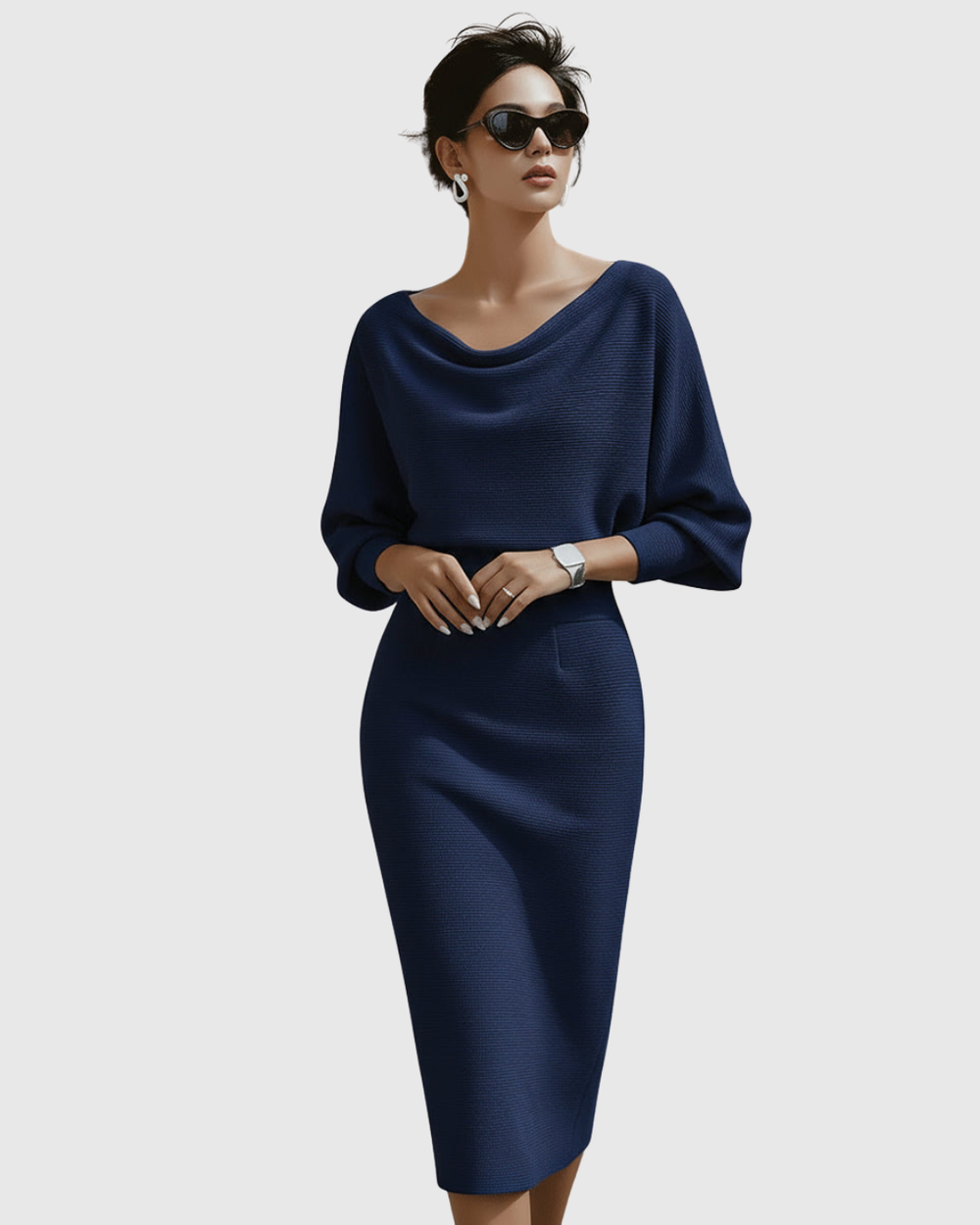 Ismeria | White Draped Batwing Midi Dress