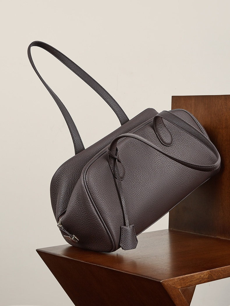 The Modern East-West Genuine Leather Bag | Minimalist Pebbled Bowling Tote