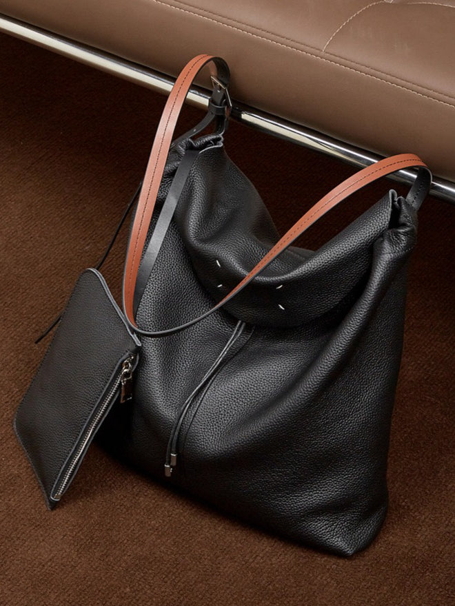 The Nocturne Flow Genuine Leather Tote Bag with Adjustable Strap & Detachable Pouch