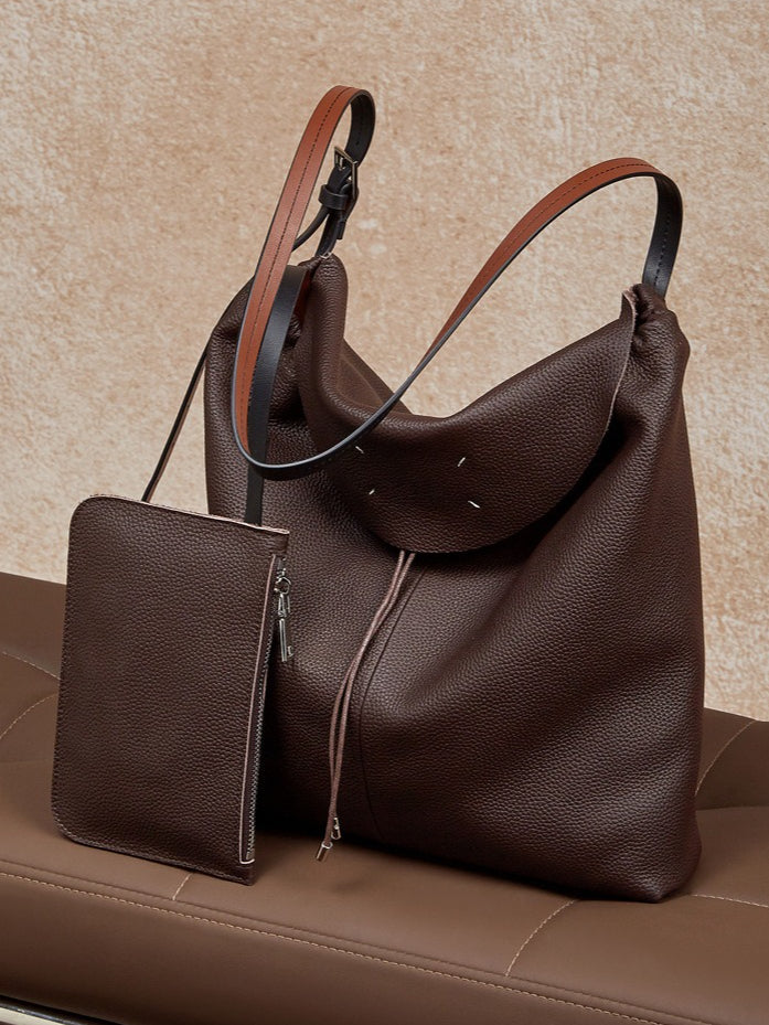 The Nocturne Flow Genuine Leather Tote Bag with Adjustable Strap & Detachable Pouch