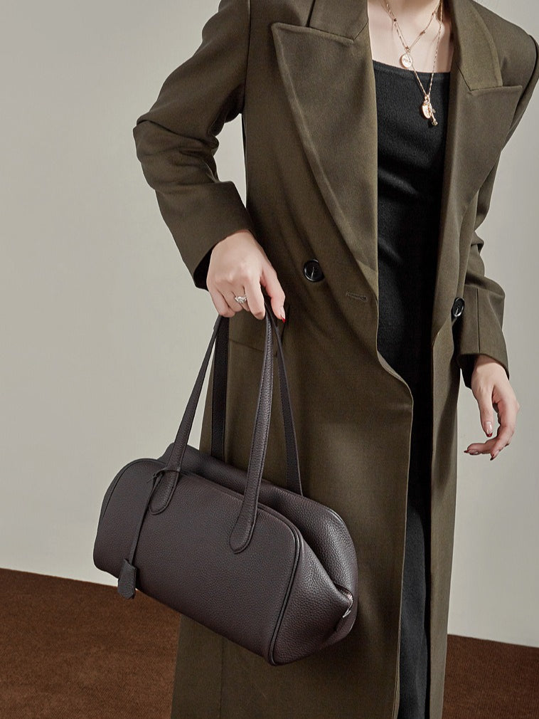 The Modern East-West Genuine Leather Bag | Minimalist Pebbled Bowling Tote