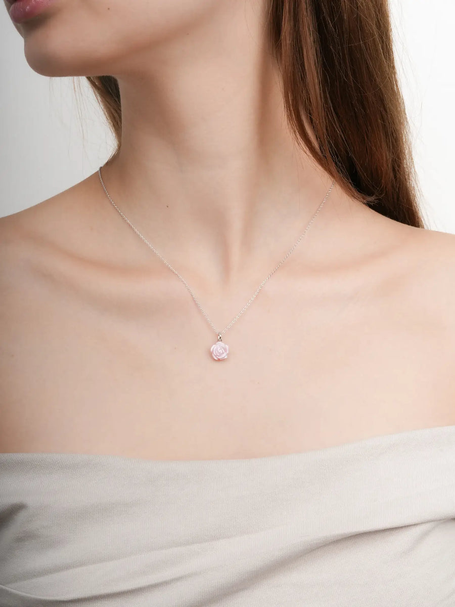 Carved Pink Rose Necklace