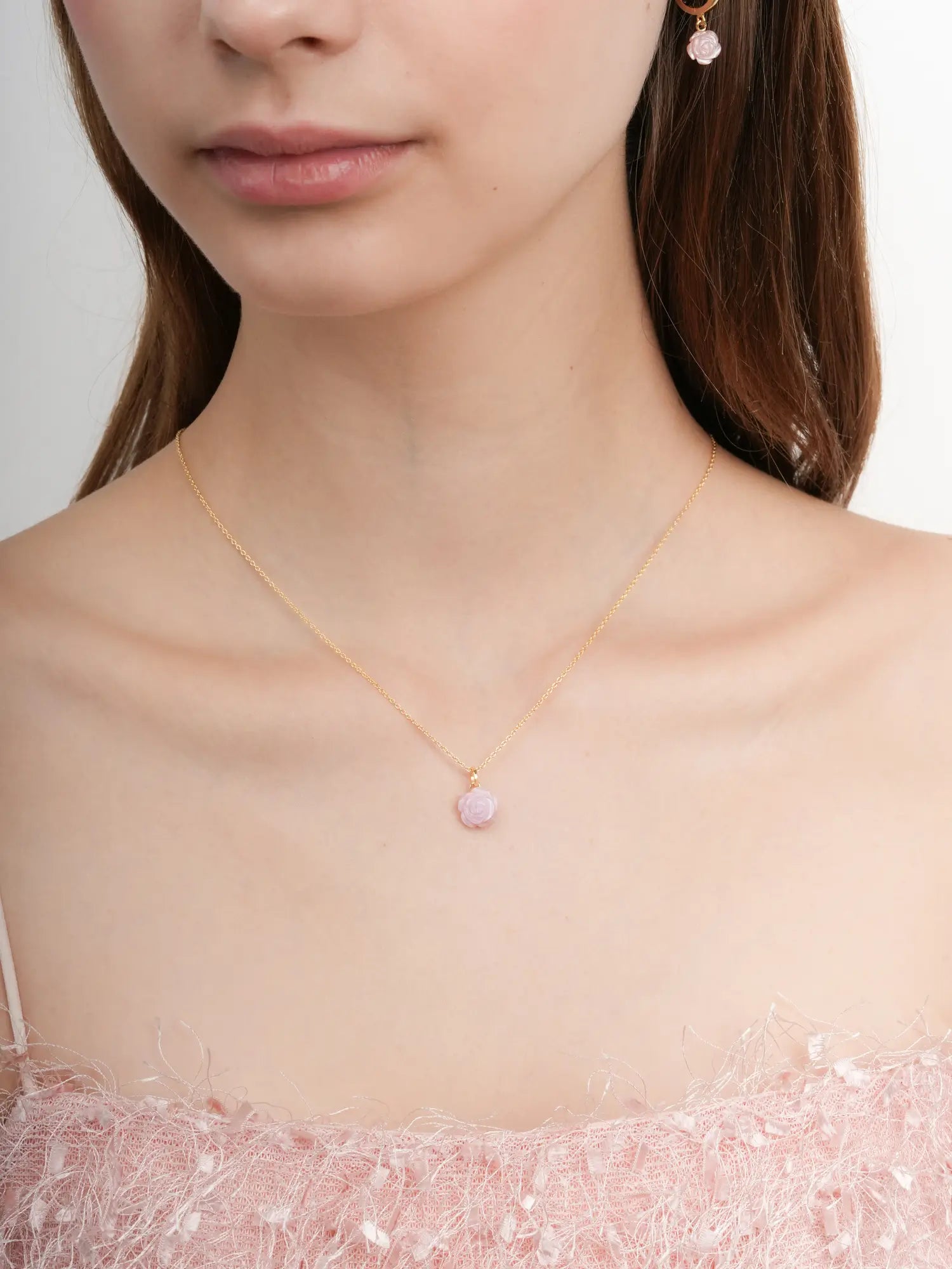 Carved Pink Rose Necklace