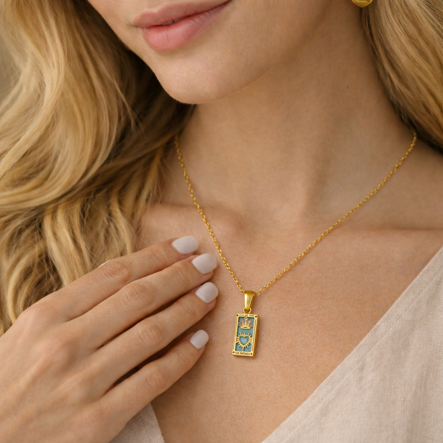 The Empress - Tarot Card 18k | Silver Dainty Necklace with Blue Enamel