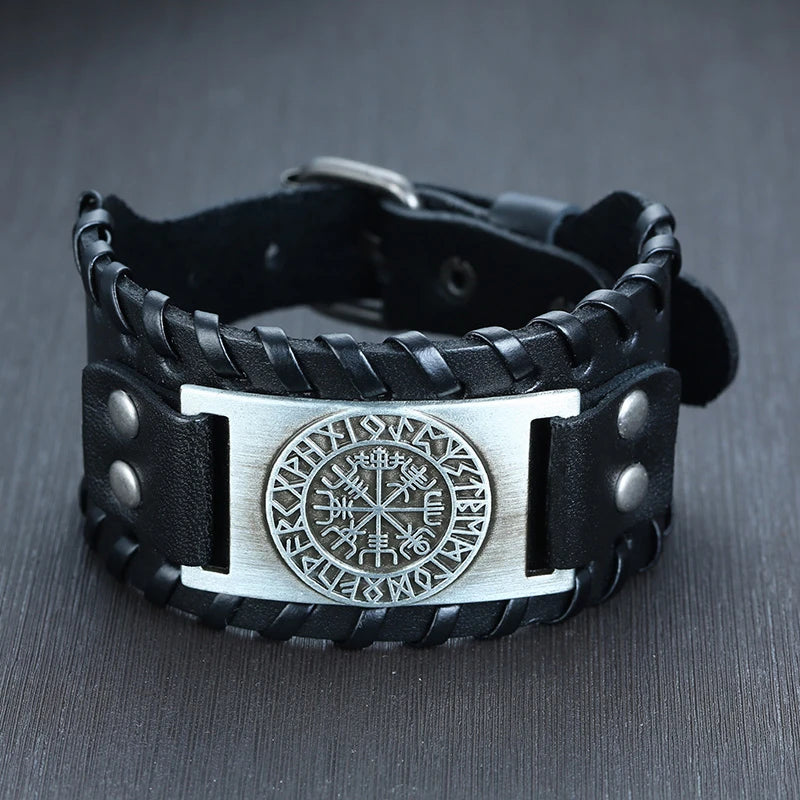 Vnox Men's Stylish Viking Leather Wrap Bracelets Rock Punk Compass Charm Male Wrist Jewelry Length Adjustable