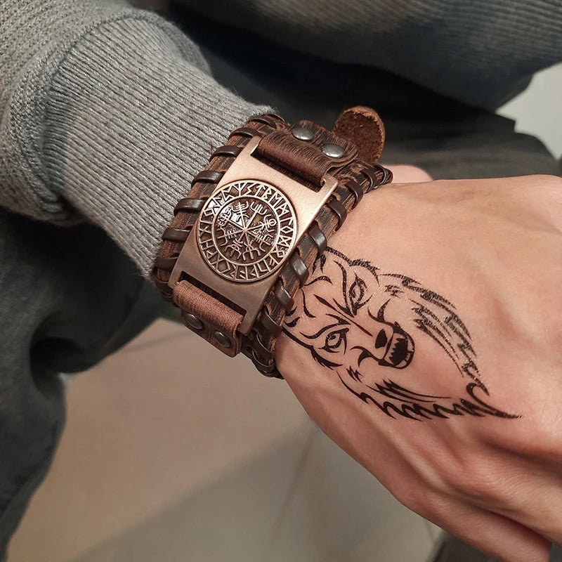 Vnox Men's Stylish Viking Leather Wrap Bracelets Rock Punk Compass Charm Male Wrist Jewelry Length Adjustable