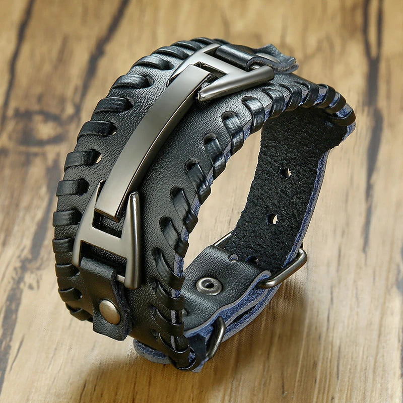 Vnox Men's Stylish Viking Leather Wrap Bracelets Rock Punk Compass Charm Male Wrist Jewelry Length Adjustable