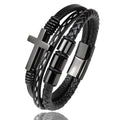 MingAo New Custom Engraved Family Name Beads Cross Bracelets Black Braided Leather Stainless Steel Bracelets for Men Fathers
