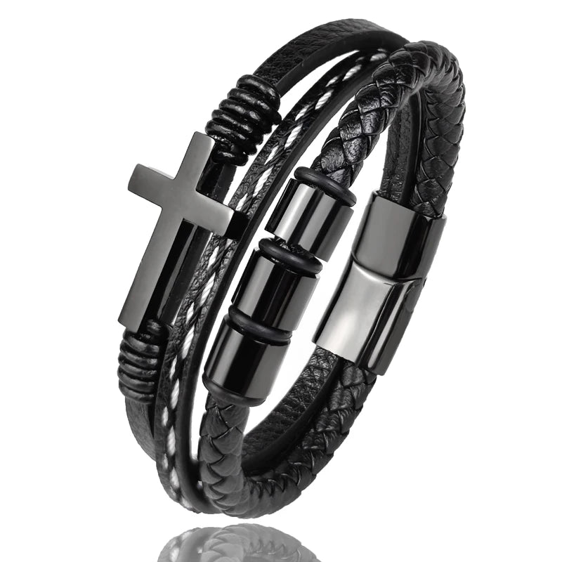 MingAo New Custom Engraved Family Name Beads Cross Bracelets Black Braided Leather Stainless Steel Bracelets for Men Fathers