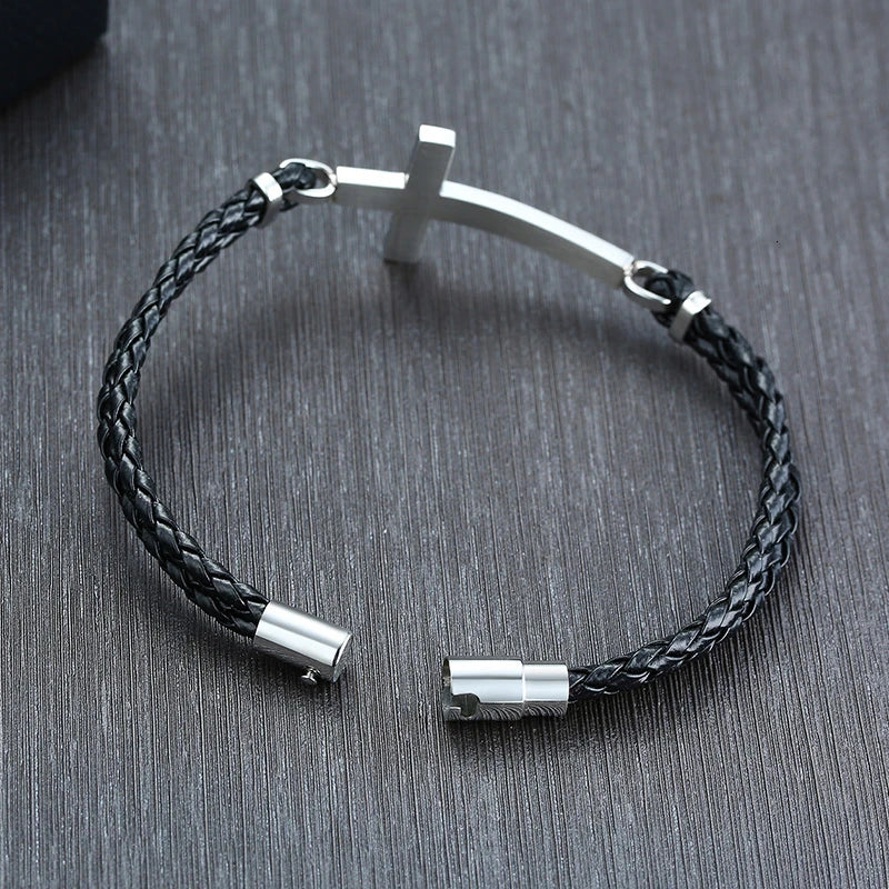 Men Gifts Casual Sideways Cross Charm Black Braided Leather Rope Women Bracelets male Bangles Prayer Gifts Jewelry free shipping