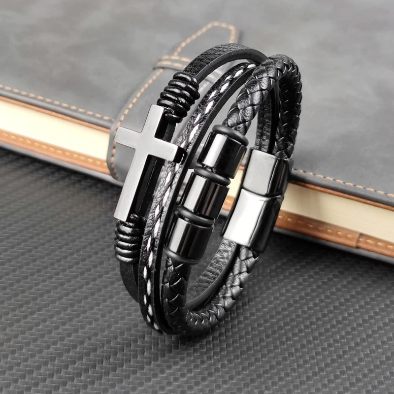 MingAo New Custom Engraved Family Name Beads Cross Bracelets Black Braided Leather Stainless Steel Bracelets for Men Fathers