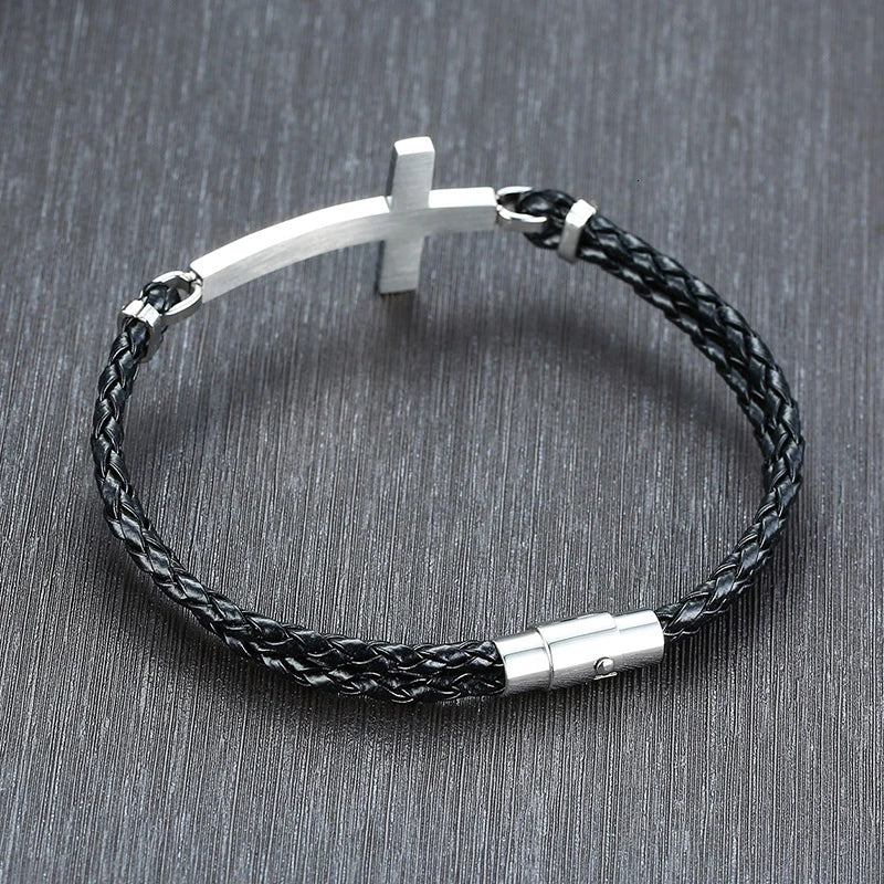 Men Gifts Casual Sideways Cross Charm Black Braided Leather Rope Women Bracelets male Bangles Prayer Gifts Jewelry free shipping