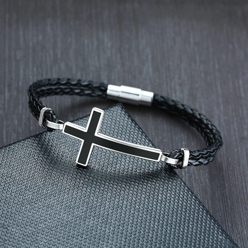 Men Gifts Casual Sideways Cross Charm Black Braided Leather Rope Women Bracelets male Bangles Prayer Gifts Jewelry free shipping