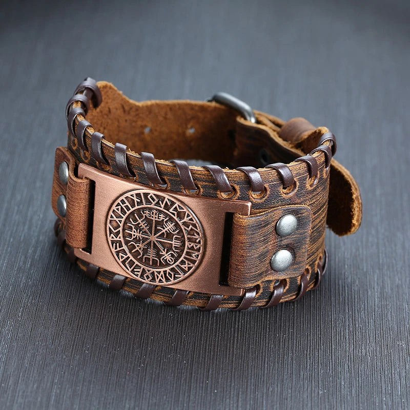 Vnox Men's Stylish Viking Leather Wrap Bracelets Rock Punk Compass Charm Male Wrist Jewelry Length Adjustable