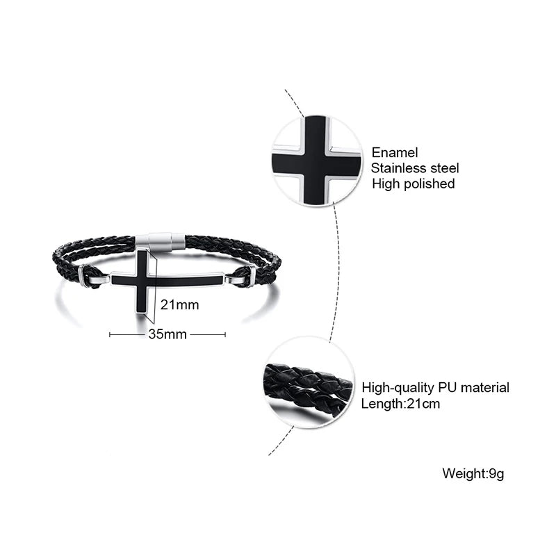 Men Gifts Casual Sideways Cross Charm Black Braided Leather Rope Women Bracelets male Bangles Prayer Gifts Jewelry free shipping