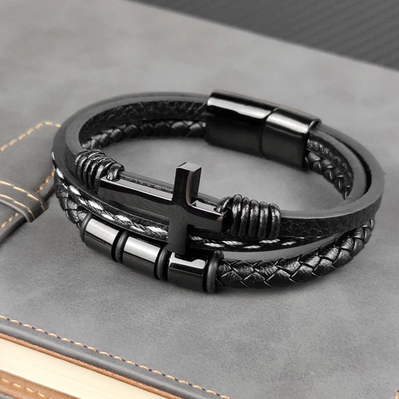 MingAo New Custom Engraved Family Name Beads Cross Bracelets Black Braided Leather Stainless Steel Bracelets for Men Fathers