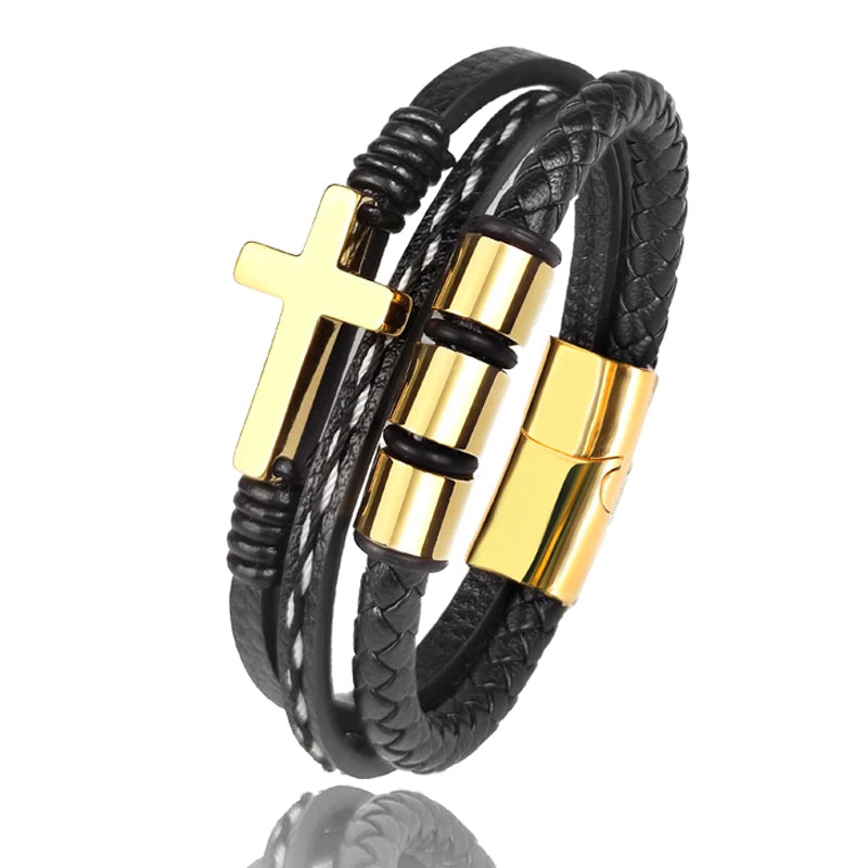 MingAo New Custom Engraved Family Name Beads Cross Bracelets Black Braided Leather Stainless Steel Bracelets for Men Fathers