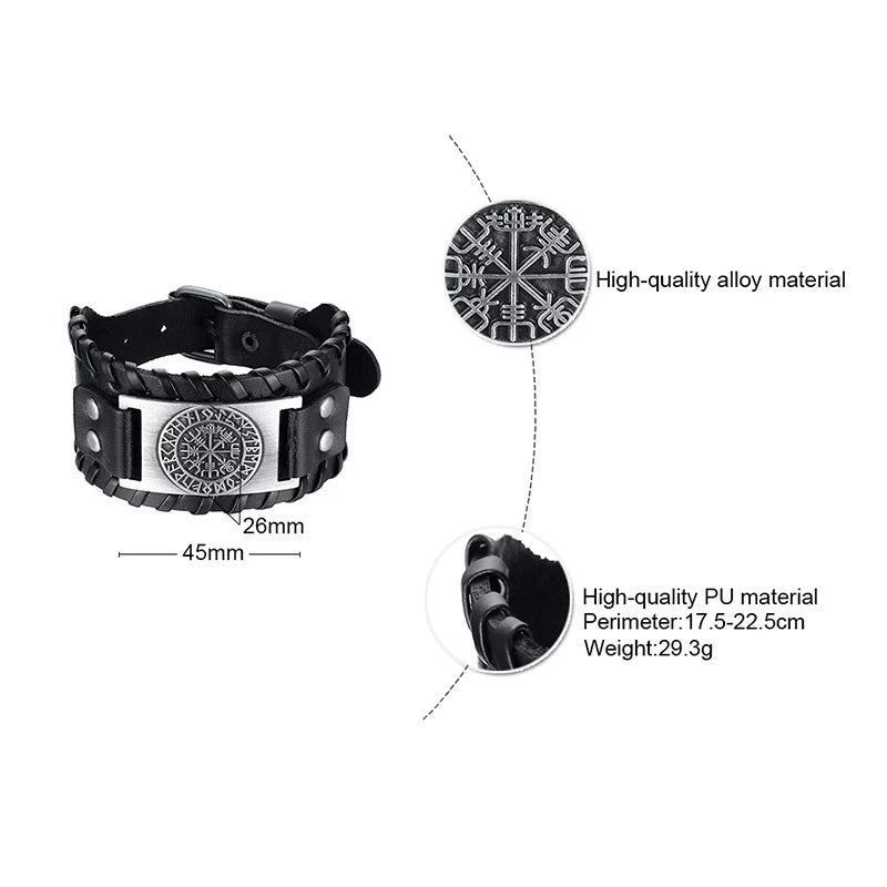 Vnox Men's Stylish Viking Leather Wrap Bracelets Rock Punk Compass Charm Male Wrist Jewelry Length Adjustable