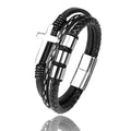 MingAo New Custom Engraved Family Name Beads Cross Bracelets Black Braided Leather Stainless Steel Bracelets for Men Fathers